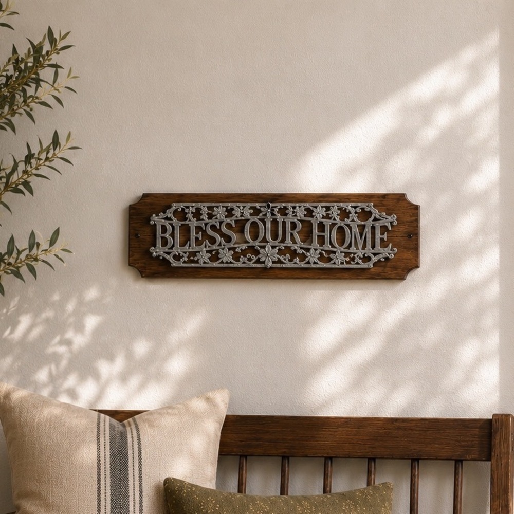 Vintage Bless Our Home Wall Plaque Wood & Silver Metal Entryway Wall Decor